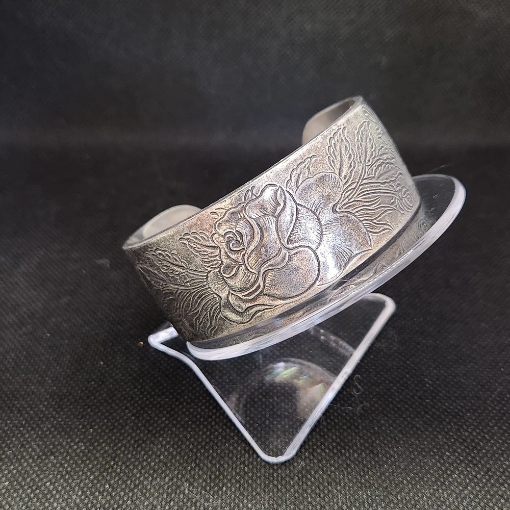 Floral Rose Cuff Salisbury Pewter Bracelet Hand Engraved June Birthday